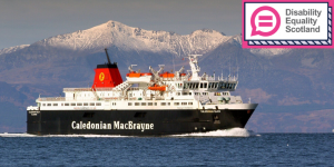 Calmac Ferry with Disability Equality Scotland logo